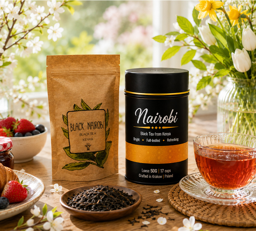 Black Nairobi Leo Tea – elegancka puszka, doypack i kubek prezentowy